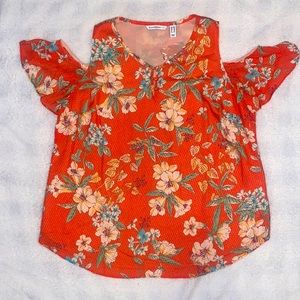 18W Isaac Mizrahi Live! Orange Floral Cold Shoulder Textured Short Sleeve
